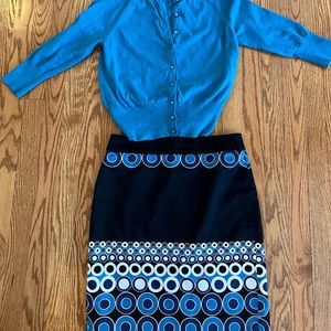 Ann Taylor Blue Sweater (Size Small) and Black, cream and blue skirt (Size 4)